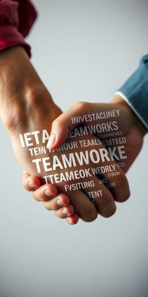 Create an artistic representation of two hands shaking, filled with words related to teamwork and collaboration, using a Canon EOS 5D Mark IV camera, 50mm lens, f/1.8 aperture, ISO 100, shot from a 45-degree angle with a shallow depth of field for enhanced detail.