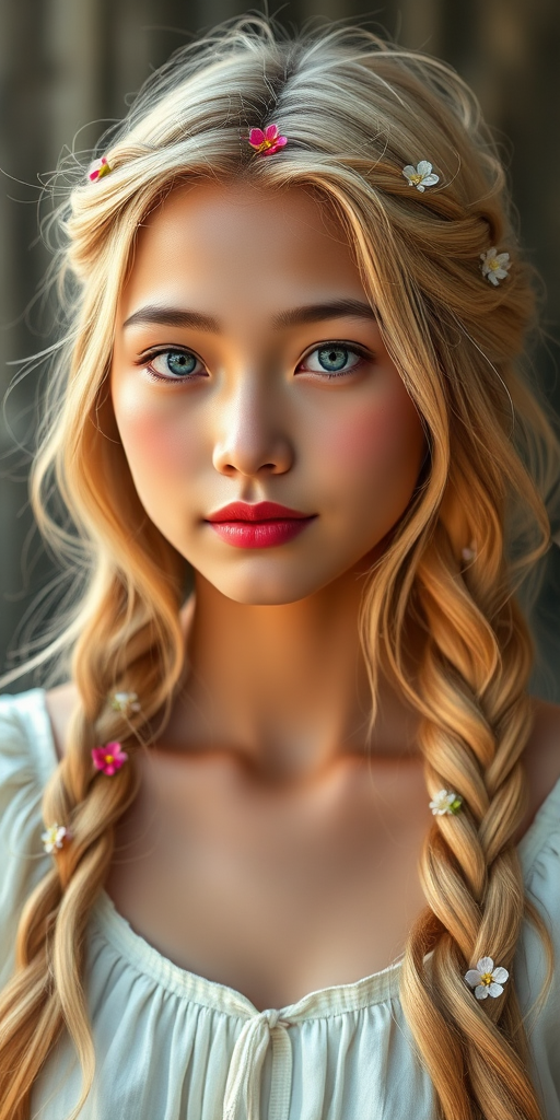 Create an image of a young Lao woman with long, wavy blonde hair, adorned with small, colorful flowers woven into her braids and loose strands. Her complexion is fair, with soft, glowing skin, and she has light blue eyes that gaze softly at the viewer. She wears a light, flowing dress with a gentle, ethereal quality, complementing her delicate and serene appearance. The background is slightly blurred, drawing focus to her tranquil expression and the intricate details of the flowers in her hair. The overall mood of the image is one of natural beauty and grace, evoking a sense of peacefulness and connection with nature.