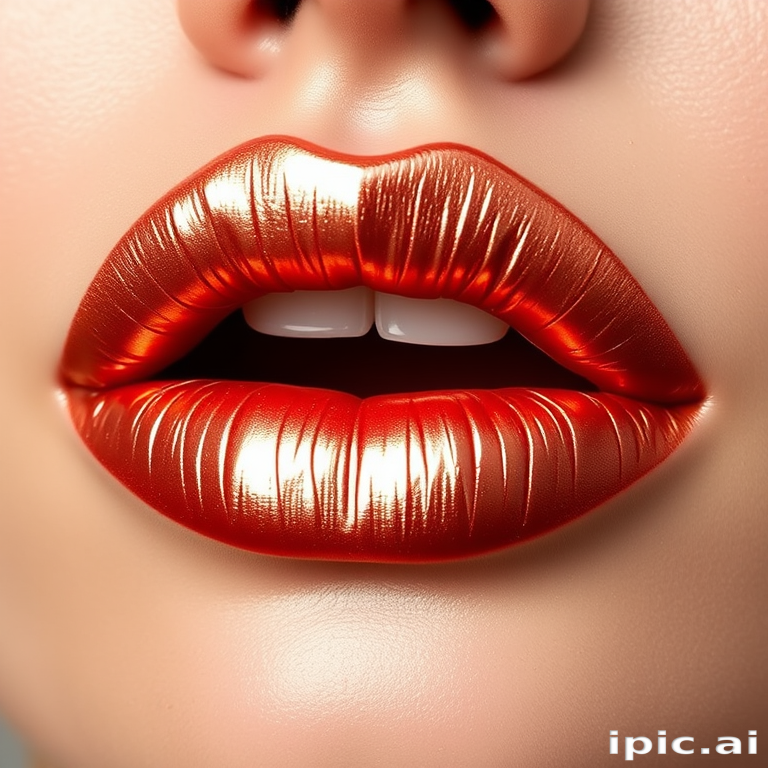 Shimmering rose gold liquid metal lips, named "Gilded Petals," offering intense metallic shine and comfortable wear, ideal for glamorous and sophisticated evening looks