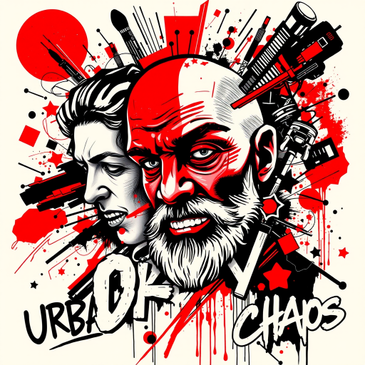 Trash polka style tattoo titled "Urban Chaos" combining bold red and black elements with photorealistic portraits, abstract shapes, and typography in a dynamic composition