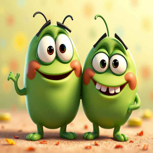 Create a high-resolution cartoon image of two friendly green germs with exaggerated features and playful expressions, captured with a DSLR camera at f/2.8 aperture, 50mm lens, with a bright and colorful background, using a vibrant and playful art style for enhanced clarity and detail.