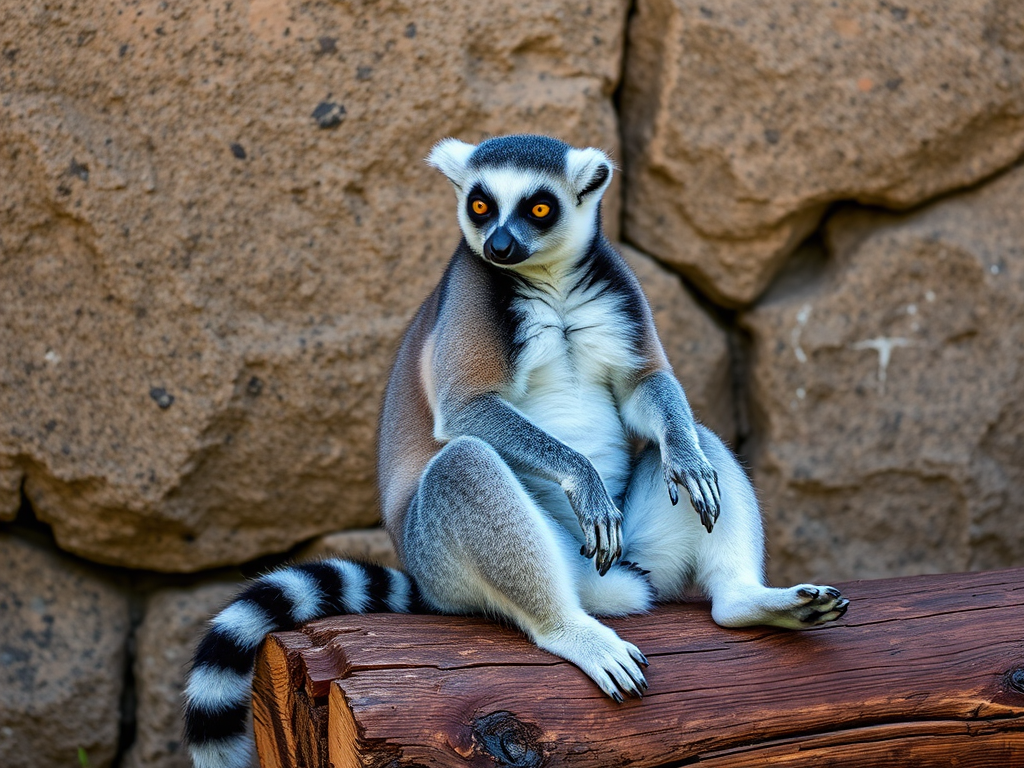 regenerate the image of a ring-tailed lemur sitting relaxed on a wooden log against a textured stone wall, capture with a Canon EOS 5D Mark IV, 50mm lens, f/1.8 aperture, ISO 100, natural light, shallow depth of field, vibrant colors, high resolution