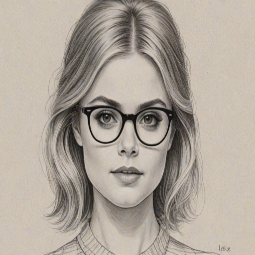 Beauteous Rose McIver, pencil sketch, portrait of Gorgeous woman 1962s in glasses, hair style beatnik, outline, clear lines, fine lines, 8k