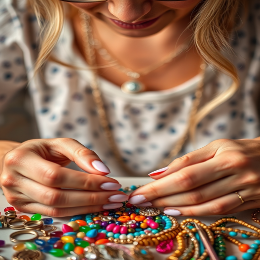 Close-up of a woman’s hands creating jewelry, with colorful beads and tools scattered around her, soft light enhancing the sparkle and details of her intricate designs.
