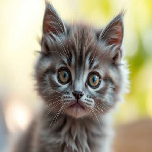 A fluffy gray kitten with large, expressive brown eyes, captured in soft natural light, shallow depth of field, 50mm lens, f/1.8 aperture, ISO 200, portrait orientation, close-up view, DSLR camera.