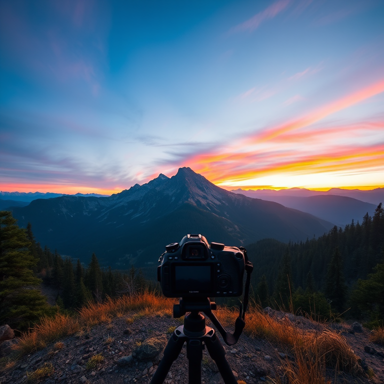 Create a high-resolution image of a serene mountain landscape at sunrise with vibrant colors, using a DSLR camera with a 24mm lens, f/8 aperture, ISO 100, and a tripod for stability, shot from a wide-angle perspective to capture the expansive view and enhance detail.