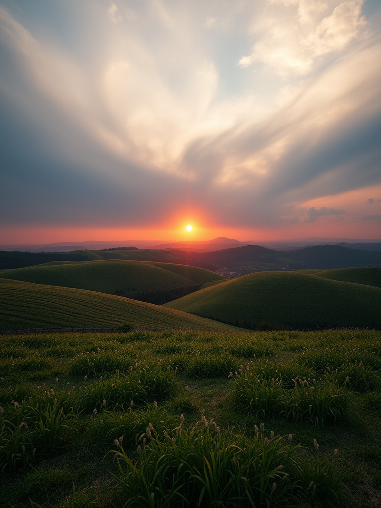 A serene landscape with rolling hills and a sunset in the background, shot with a Canon EOS R5, 50mm lens, f/1.8 aperture, ISO 200, 1/125 sec shutter speed, wide-angle view for enhanced depth and richness in color.