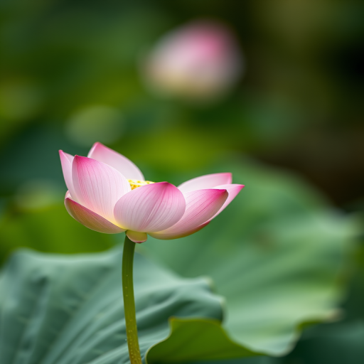A close-up of a blooming pink lotus flower with gentle green leaves in a soft-focused background, shot with a Canon EOS 5D Mark IV, 50mm lens at f/2.8, ISO 100, using natural lighting for a serene and delicate look.