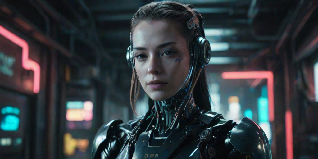 portrait of a female robot, in a cyberpunk environnement, she has a robot body