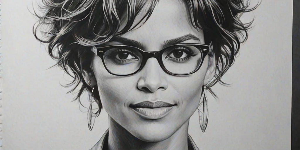 Gorgeous Halle Berry, pencil sketch, portrait of Resplendent woman 1926s in glasses, hair style beatnik, outline, clear lines, fine lines, 8k