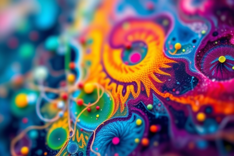 Create a stunning abstract art piece with vibrant colors and intricate patterns, captured using a DSLR camera at a focal length of 50mm, aperture set to f/1.8, ISO 100, in a macro view to enhance detail and texture.