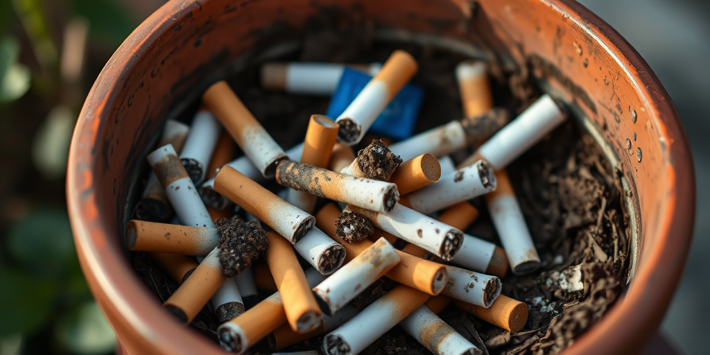 a close-up shot of a flowerpot filled with discarded cigarette butts and empty cigarette packs, natural lighting, aperture f/2.8, ISO 200, 50mm lens, shallow depth of field, DSLR camera