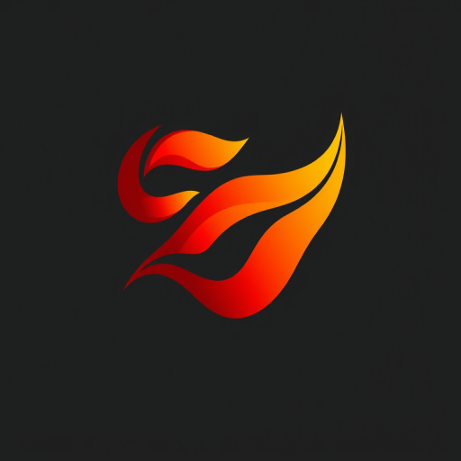 Create a stylized flame logo with vibrant red, orange, and yellow colors on a dark gray background, using a Canon EOS R5 with a 50mm f/1.2 lens at f/2.8, ISO 100, and a soft light effect to enhance contrast and saturation.