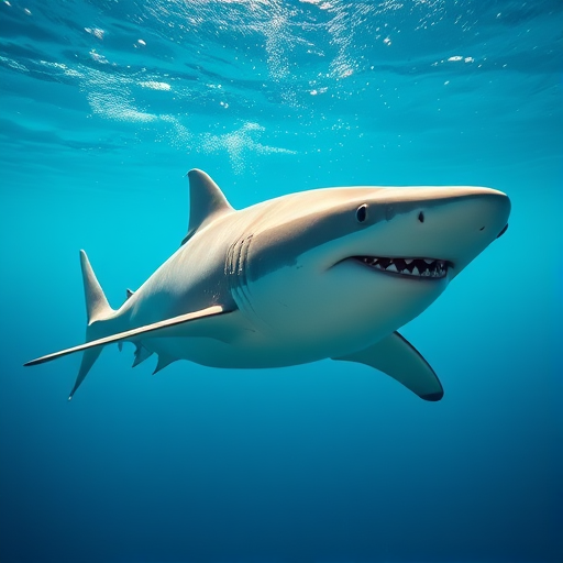 create a realistic 3D rendering of a shark swimming gracefully in clear ocean water, using a DSLR camera type with a focal length of 50mm, aperture set to f/2.8, shutter speed 1/250s, ISO 100, shot from a low angle perspective to capture the entire body of the shark with sharp focus and vibrant colors.