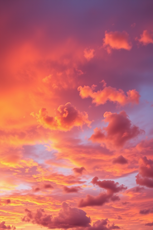 capture a vibrant sunset sky with dramatic clouds in rich orange and purple tones, ISO 100, f/11, 1/125 sec, wide angle lens, low angle view, DSLR camera, focus on cloud details and color contrast