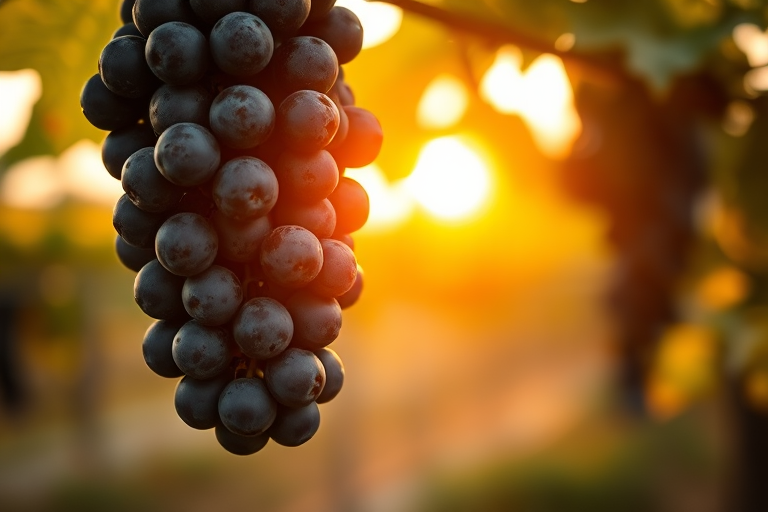 Capture a close-up shot of ripe black grapes hanging from the vine with a shallow depth of field, using a DSLR camera with a 50mm lens at f/2.8, ISO 100, and a golden hour lighting to enhance color richness and texture.