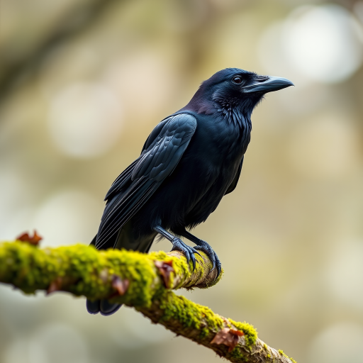 Capture a high-resolution image of a raven perched on a mossy branch, using a Canon EOS 5D Mark IV camera, 300mm lens, f/4 aperture, ISO 200, shutter speed 1/250s, natural light, shallow depth of field, with a sharp focus on the bird and a softly blurred background.