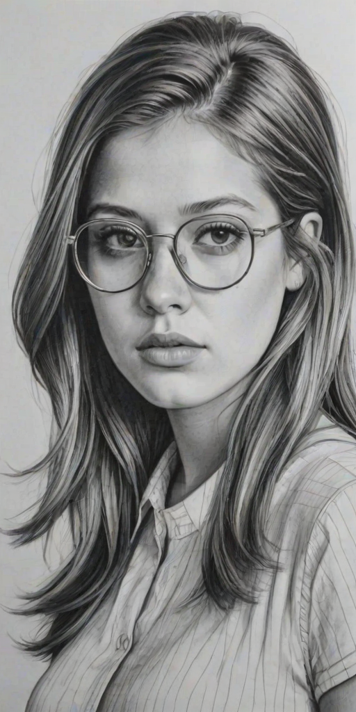 Resplendent Adele Exarchopoulos, pencil sketch, portrait of Graceful woman 1969s in glasses, hair style beatnik, outline, clear lines, fine lines, 8k