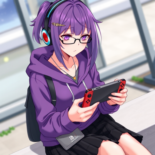 masterpiece, best quality, 1girl, raiden shogun, purple hair, sidelocks, purple eyes, glasses, bespectacled, headphones, hair ornament, purple hoodie, hood down, drawstring, long sleeves, necklace, jewelry, bag, pleated skirt, black skirt, contemporary, casual, sitting, outdoors, holding handheld game console, nintendo switch, playing games, intense, looking down,