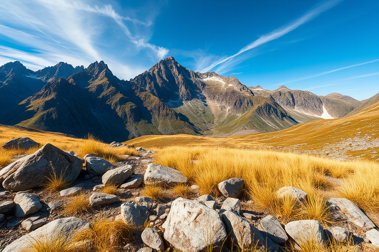 a scenic mountain landscape with rocky foreground and golden grass under a blue sky, captured with a DSLR camera at f/8 aperture, ISO 100, 1/200 sec shutter speed, using a wide-angle lens for enhanced depth and clarity
