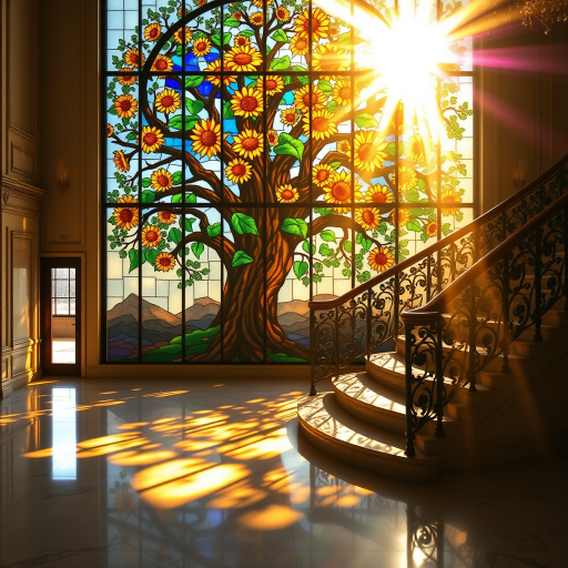 A stained glass window featuring a large, vibrant tree with blooming sunflowers as its focal point. The sunlight passes through the glass, casting multicolored shadows across the floor and a grand, curved staircase with ornate iron railings. The overall ambiance is warm, with golden sunlight enhancing the vivid colors of the stained glass, creating a serene and artistic atmosphere in a spacious room with polished marble floors. The scene is elegant and peaceful, with a blend of nature and architectural beauty.