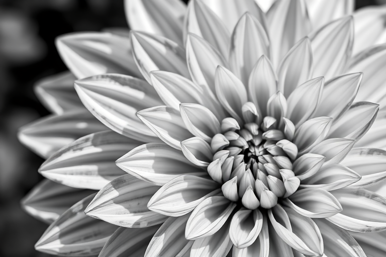 Close-up of a black and white dahlia flower with intricate petal details, shot with a DSLR camera at f/2.8 aperture, ISO 100, 50mm lens, natural lighting, shallow depth of field for enhanced focus on flower texture.