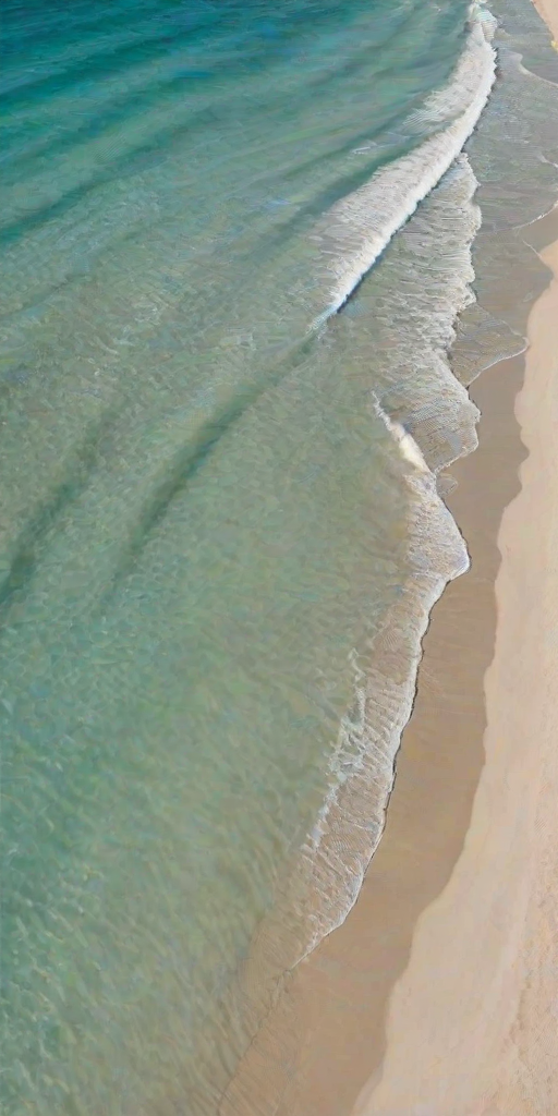 generate an aerial view of a tranquil beach with turquoise waters and gentle waves lapping against a sandy shore