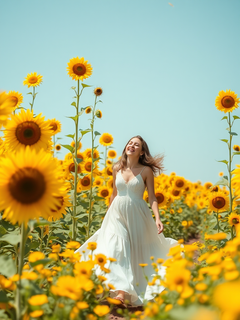 Vibrant sunflower field, with tall, golden blooms stretching toward the sky, a woman in a flowing dress walks through the flowers, her laughter ringing out as she spins joyfully among the bright blossoms.