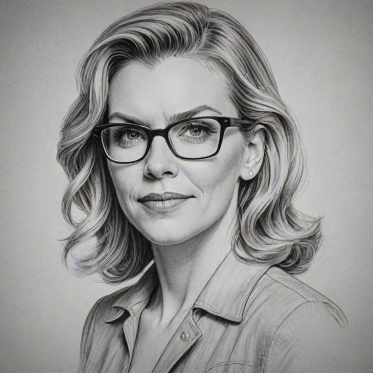 Pleasing Rhea Seehorn, pencil sketch, portrait of Gorgeous woman 1939s in glasses, hair style beatnik, outline, clear lines, fine lines, 8k