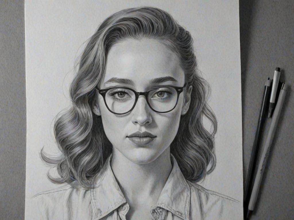Beauteous Alycia Debnam-Carey, pencil sketch, portrait of Dazzling woman 1939s in glasses, hair style beatnik, outline, clear lines, fine lines, 8k