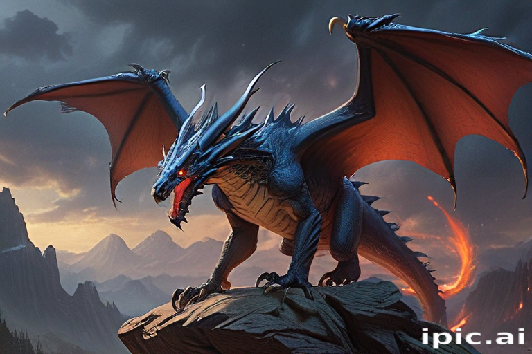 Majestic Blue Dragon Perched on Rocky Mountain Peak Under Stormy Skies