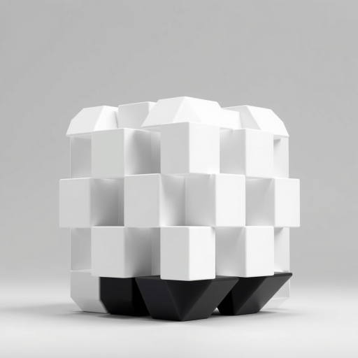 Create a high-resolution image of a 3D black and white geometric shape resembling a building block, using a DSLR camera, aperture f/2.8, ISO 100, focal length 50mm, in a studio setting with soft lighting to enhance details and shadows.
