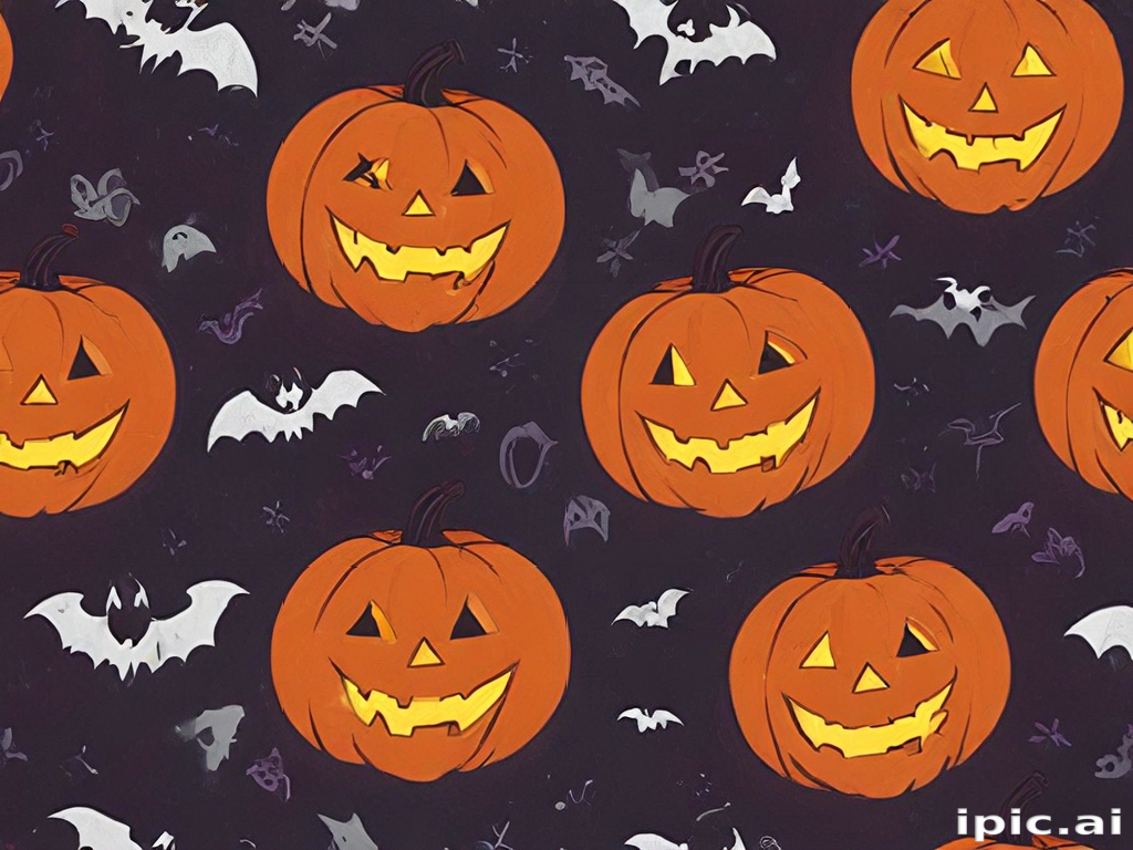 Whimsical Halloween Pattern Featuring Grinning Pumpkins and Flying Bats