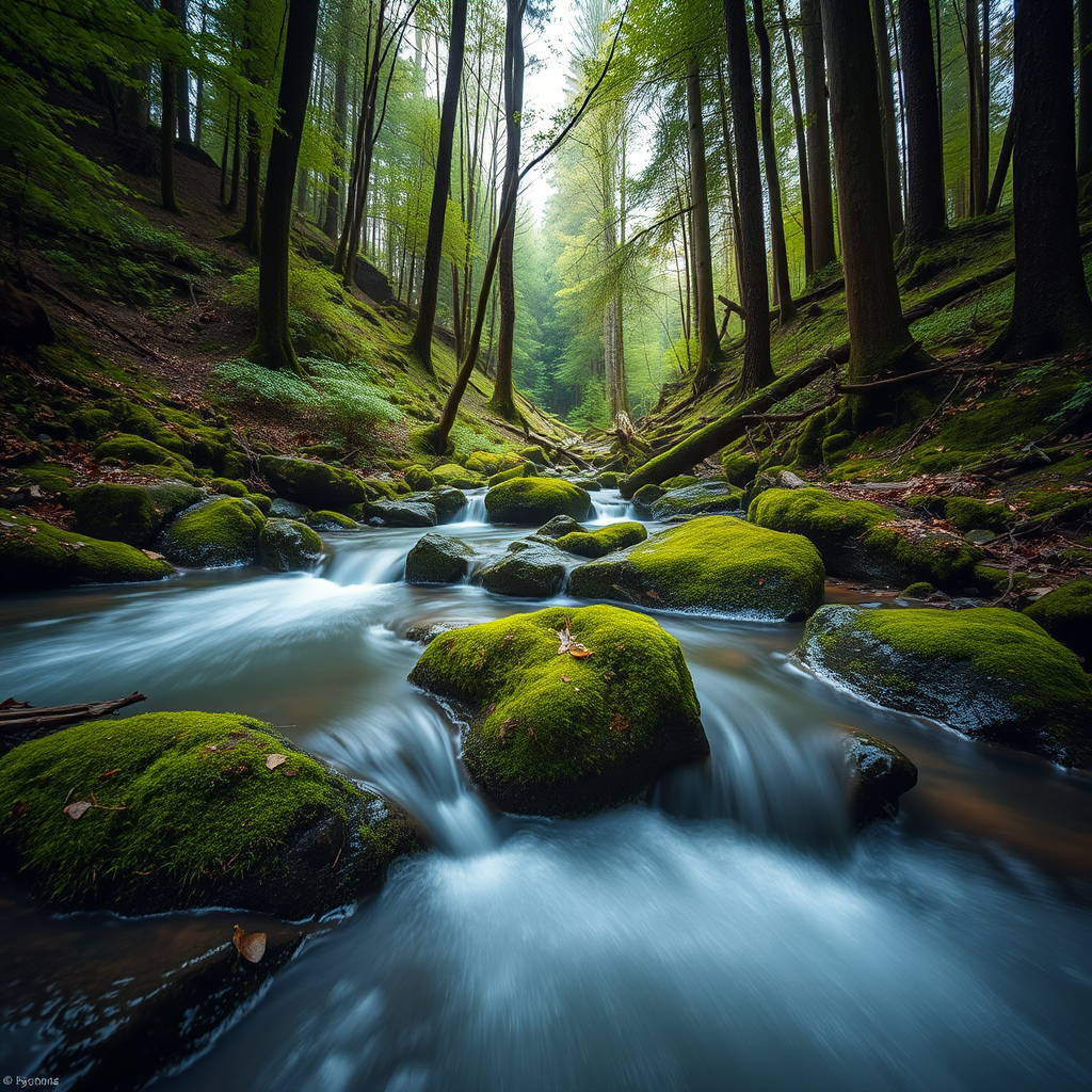A serene forest scene featuring a flowing stream surrounded by lush greenery and moss-covered rocks, captured with a Canon EOS R5 at f/11, 1 second exposure, ISO 100, wide-angle lens from a low angle to emphasize the water movement.