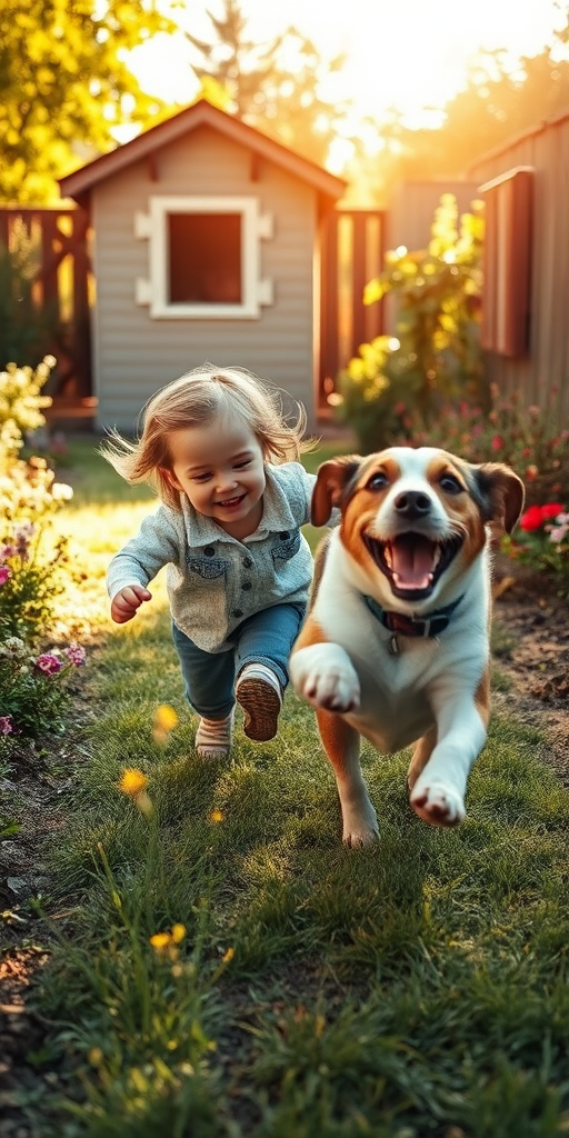 Low-resolution photo of a child playing with a dog in a sun-dappled garden, both mid-chase, joy visible on the child's face, a burst of laughter frozen in time, flowers blooming along the garden's edge, a small wooden shed in the background, warm sunlight casting long shadows.