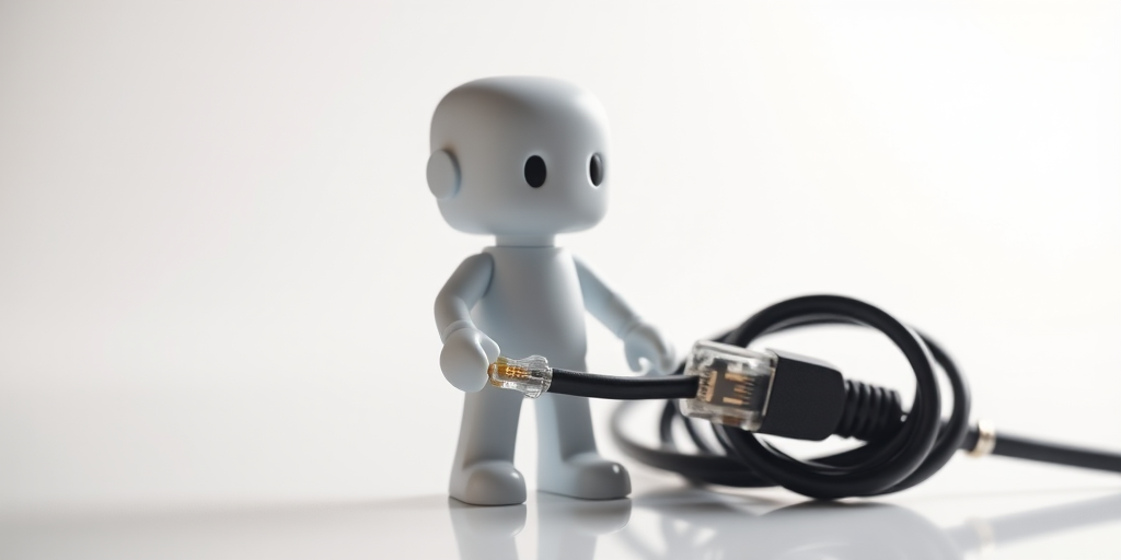 3D model of a small humanoid figure holding an Ethernet cable with a transparent background, soft lighting, high dynamic range, f/2.8 aperture, 50mm lens, shot with a DSLR camera.