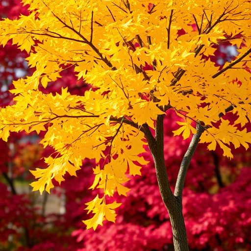 Capture a vibrant autumn scene featuring a ginkgo tree with bright yellow leaves in focus against a backdrop of red foliage, using a DSLR camera with a 50mm lens at f/2.8, ISO 100, shutter speed 1/200s, in soft natural light for enhanced quality.