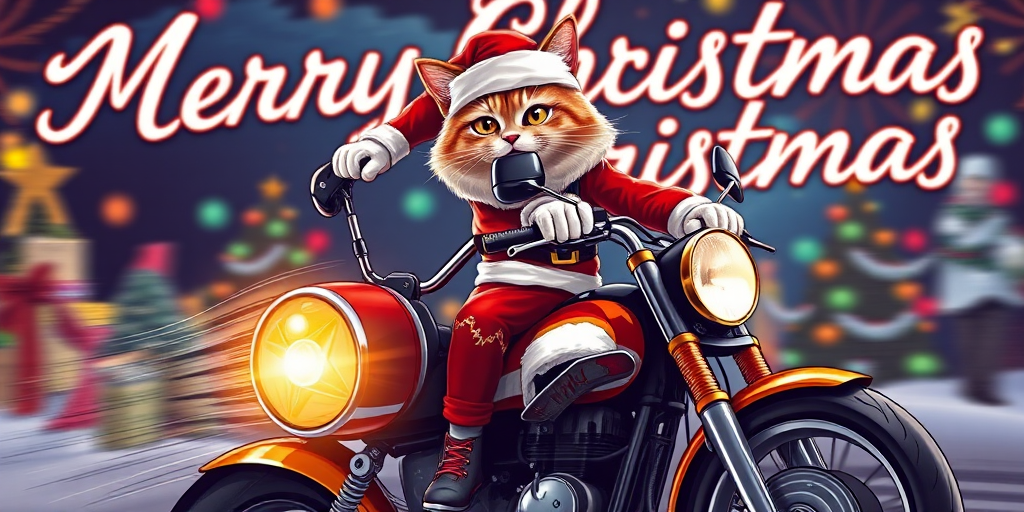 Create an illustration of a cat dressed as Santa Claus riding a motorcycle with a dynamic pose, set against a festive background with "Merry Christmas" in a bold font, captured with a DSLR camera at f/4.0, 1/100s, ISO 200, shot from a low angle to emphasize motion, vibrant colors, and high contrast for a striking visual impact.