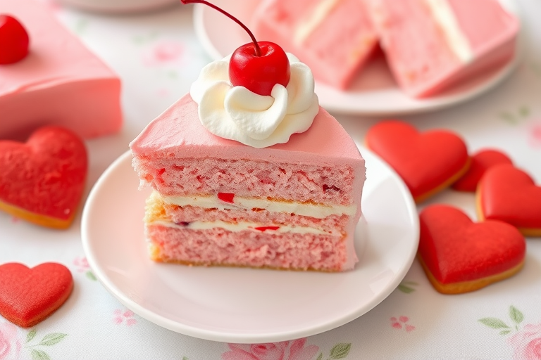 A slice of pink layer cake with whipped cream on top and a cherry garnishing it placed on a white plate surrounded by additional slices of cake and red heart-shaped cookies all arranged on a light floral tablecloth.