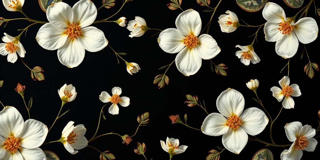 floral pattern with white flowers and golden details on a black background, captured using a DSLR camera, 50mm lens, f/1.8 aperture, ISO 100, natural lighting, top-down view