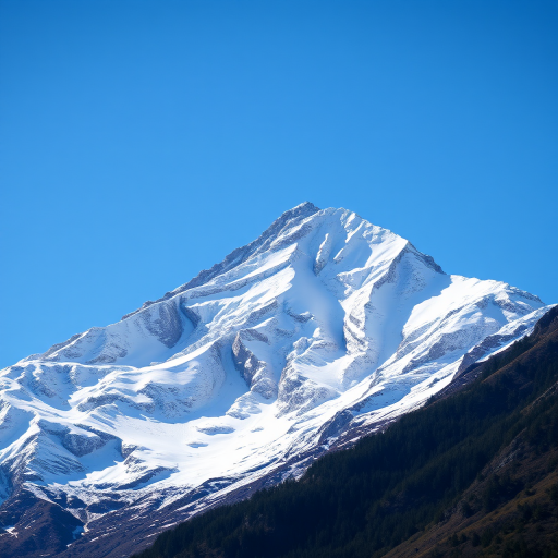 Generate a high-resolution image of a majestic snow-capped mountain with sharp peaks and clear blue sky in the background, using a DSLR camera with a 50mm lens, aperture f/8, shutter speed 1/250 sec, ISO 100, shot from a low angle to emphasize the height and grandeur of the mountain, with a vibrant color palette and high dynamic range.