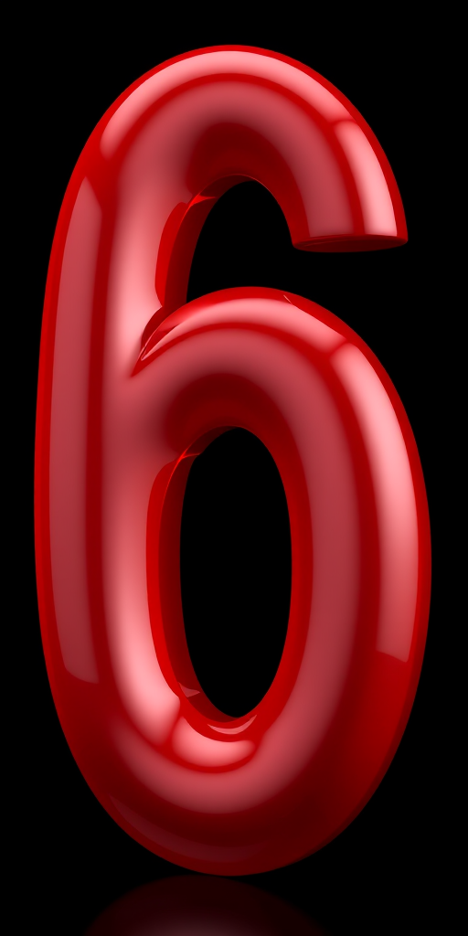 Create a 3D render of a glossy red number 6, use a Canon EOS 5D Mark IV with a 50mm lens, aperture f/2.8, ISO 100, use a shallow depth of field, soft lighting, and a black backdrop for enhanced contrast.