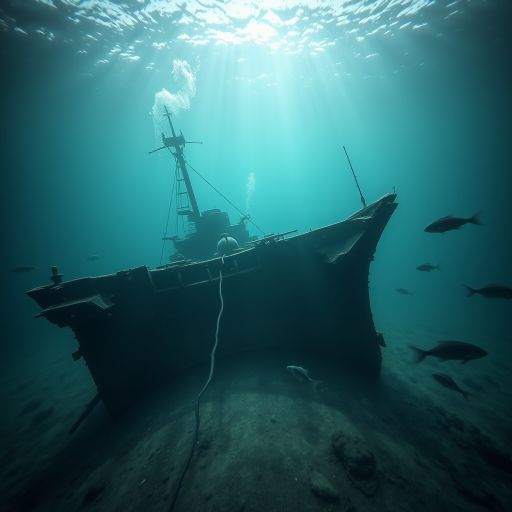 Regenerate an image of a sunken battleship in an eerie underwater scene with soft diffused lighting, capturing fish swimming around, using a full-frame DSLR camera, 24mm lens, f/8 aperture, ISO 200, and a long exposure of 5 seconds to enhance details and depth.