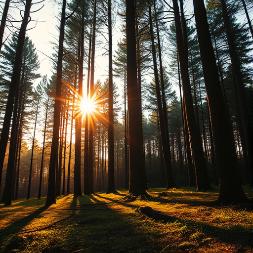 Create a high-resolution image of a forest scene during golden hour, with sunlight filtering through the trees, using a Canon EOS R5 camera, 24mm lens, f/2.8 aperture, ISO 100, 1/200 sec exposure, from a low-angle view to capture the depth and texture of the forest.