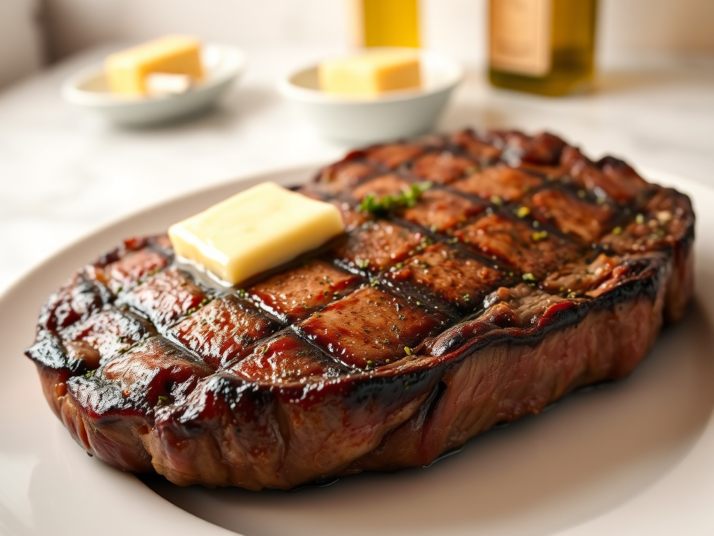 Create an image of a perfectly seared ribeye steak, resting on a white plate with a pat of melting butter on top. The steak is seasoned with fresh herbs like thyme and parsley, with glistening juices highlighting the texture of the meat. The background features a soft focus on a light, marble countertop, with a small dish of butter and an olive oil bottle in the distance. The overall mood should be warm and inviting, capturing the deliciousness and juiciness of the steak.