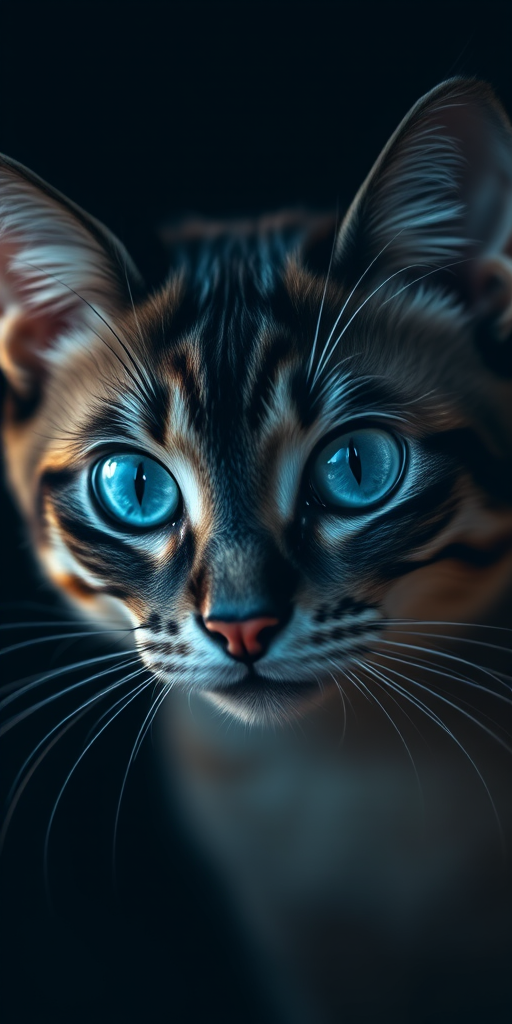 Create an image of a cat with piercing blue eyes in a dramatic half-dissolving effect, captured with a Canon EOS 5D Mark IV, 50mm f/1.8 lens, ISO 100, aperture f/1.8, shutter speed 1/200s, low-light setting, emphasizing sharp details and contrasting textures against a dark background.