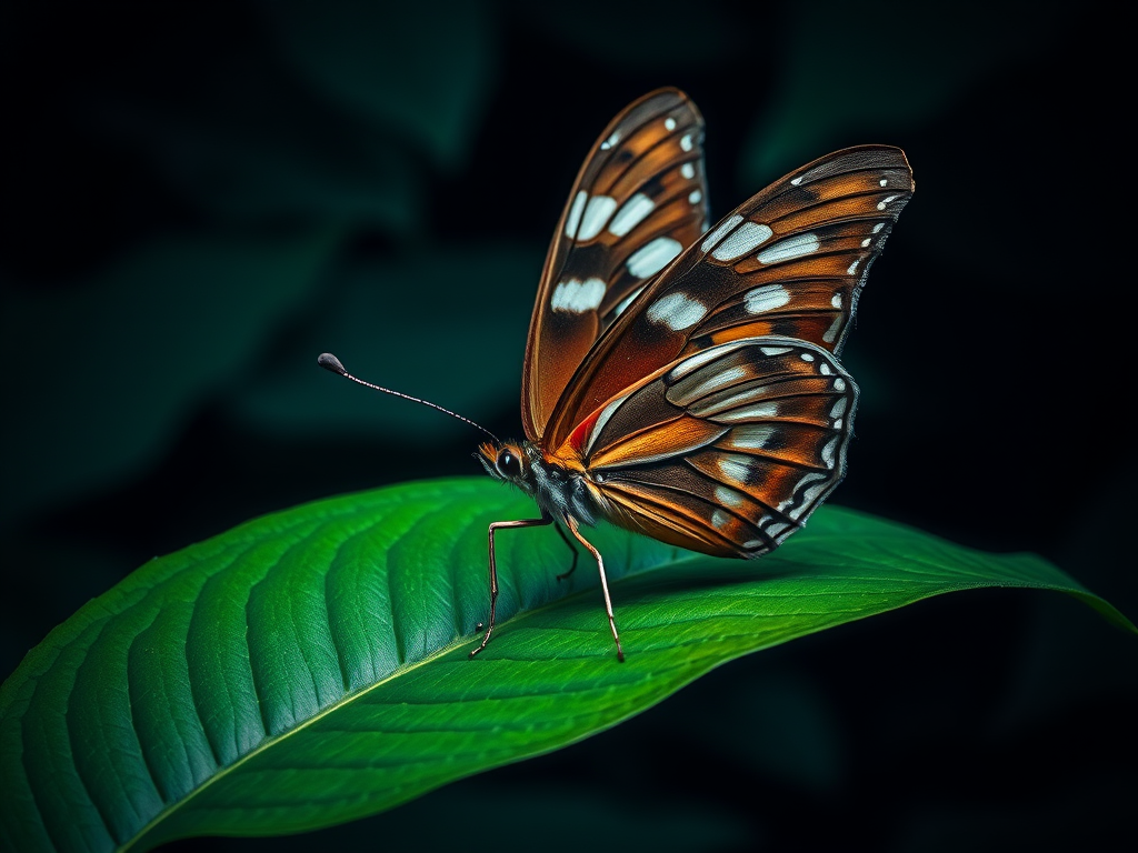 Create a detailed image of a butterfly resting on a leaf in a dark, moody environment. The butterfly should have rich brown wings with white patterns, and the leaf should be vibrant and green, contrasting with the dark background. The lighting should highlight the intricate details of the butterfly's wings and the texture of the leaf.