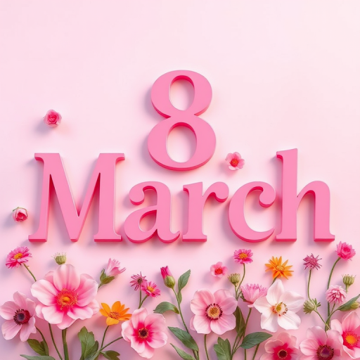 Create a vibrant digital illustration featuring the text "8 March" in a bold, elegant font with a pink color scheme and a modern serif style, include floral elements and a soft gradient background, use a high-resolution camera setting of 300 DPI, captured from a flat lay perspective using a digital SLR camera with a 50mm lens for sharp detail and depth of field.