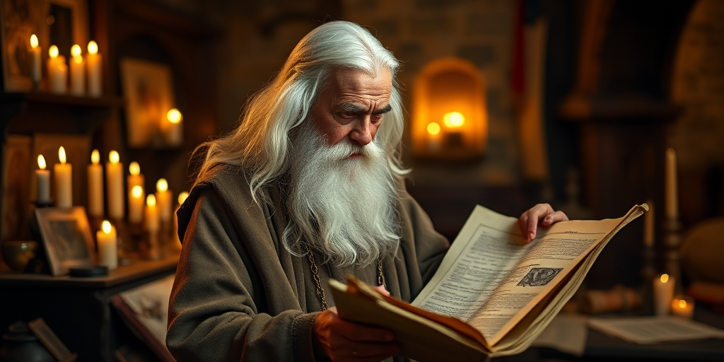 A wise old man with long white hair and a beard, studying an ancient scroll in a dimly lit room filled with candles and old parchment, using a Canon EOS R5 camera, 50mm lens, f/1.8 aperture, ISO 100, with a warm color tone and soft focus background.