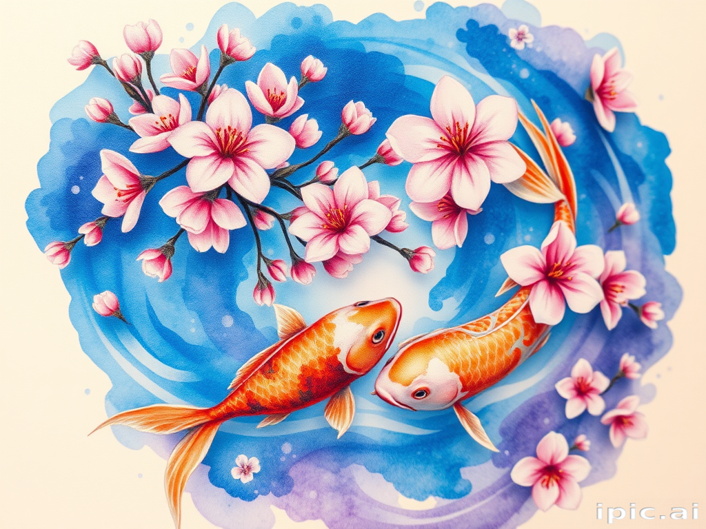 Vibrant watercolor tattoo named "Floral Symphony" featuring delicate cherry blossoms and koi fish swimming through swirling blue and purple hues creating an ethereal underwater garden scene